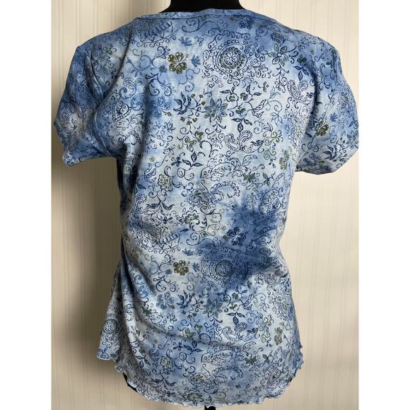 Gloria Vanderbilt Short Sleeve Floral Crochet Babydoll Top Women's Size L Blue - Picture 5 of 9